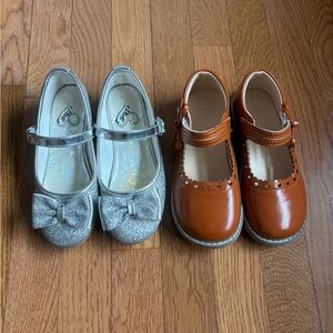 Two Pairs Girls Dress Shoes- Silver Heels and Brown Mary Jane’s